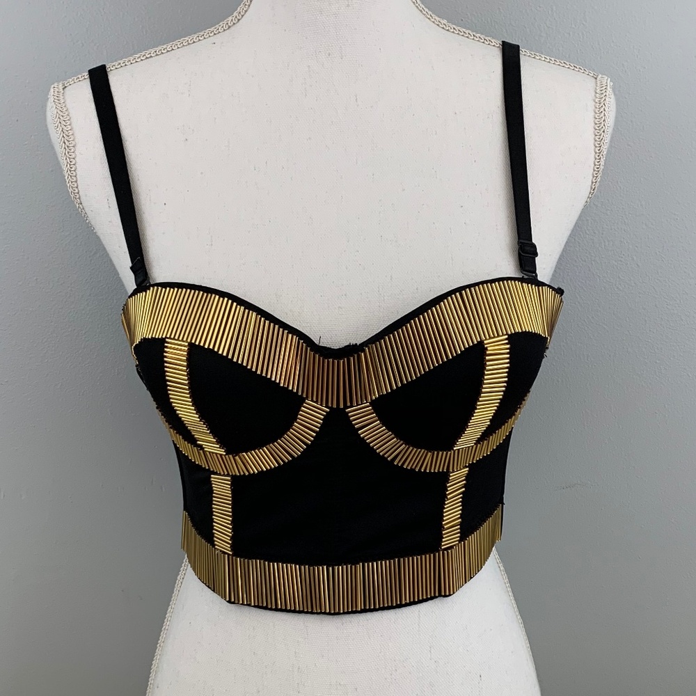 Black & Gold Beaded Punk Bra Corset Top - Small